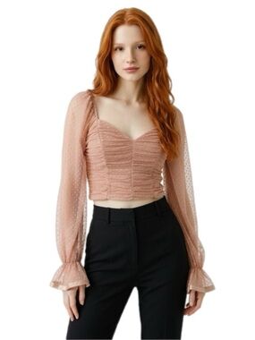 A.Peach Sheer Dot Ruched Crop Top Pink/Peach Size Small P2P 16”